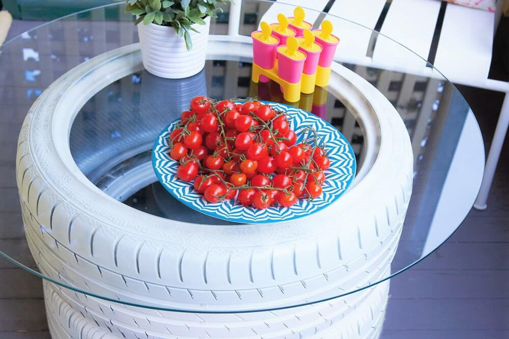 Tyres upcycled to garden table